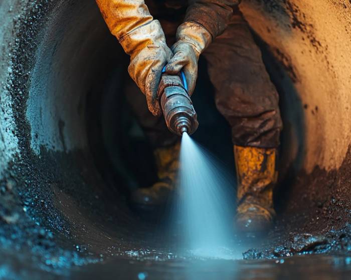 Trabajador que utiliza chorros de agua a alta presión para la limpieza de tuberías